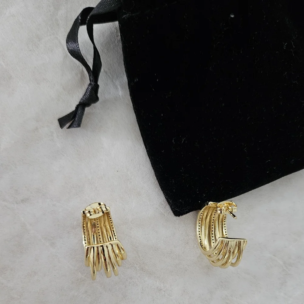 Elegant Crystal Gold Pierced Hoop Earrings With Dust Bag